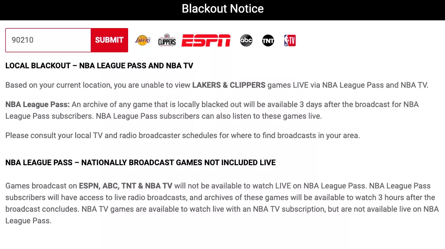 NBA League Pass yerel karartma bildirimi