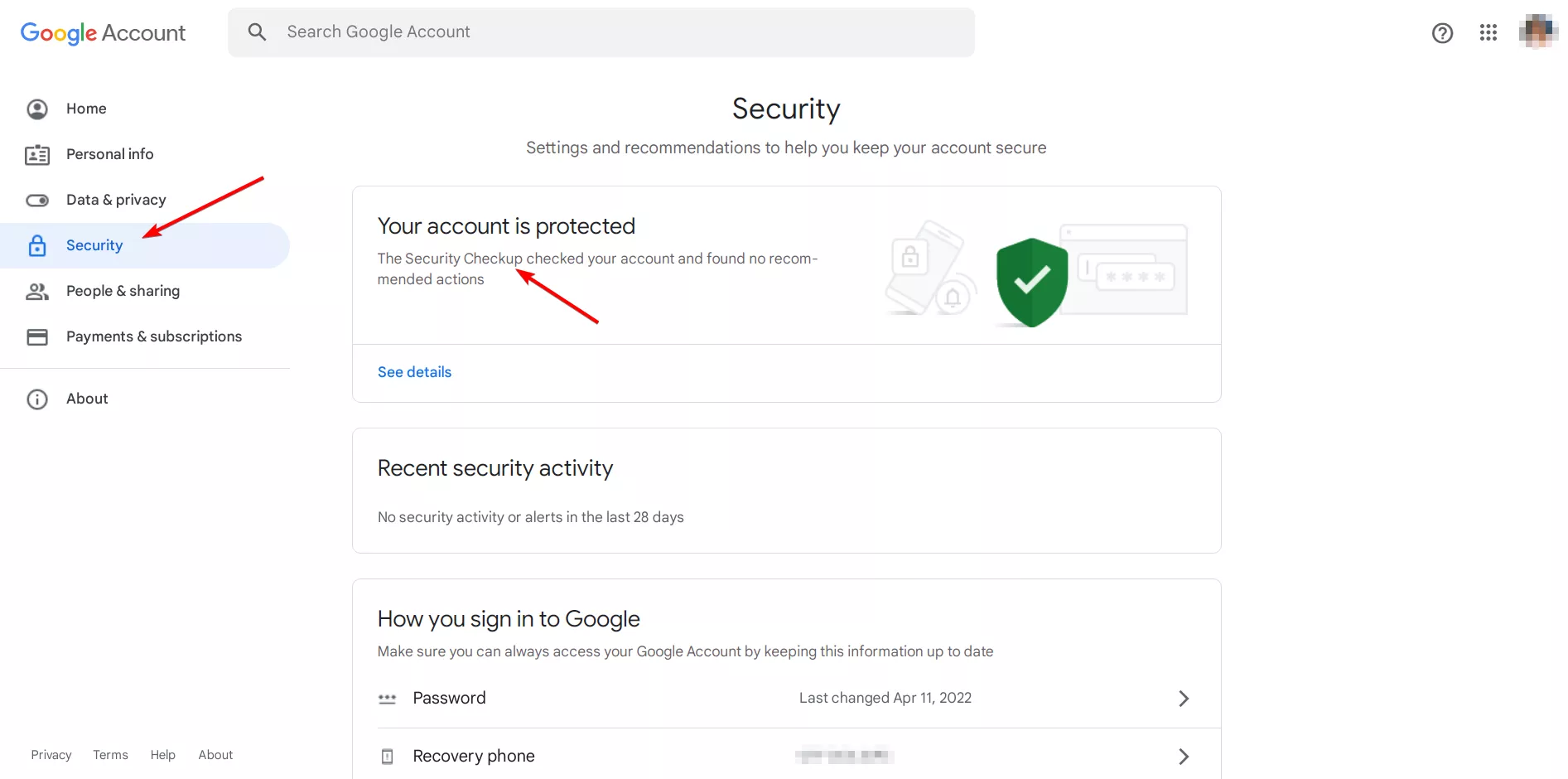 What to do if you get a (real) Google critical security alert? Step 2 - Secure your account in the Security category 