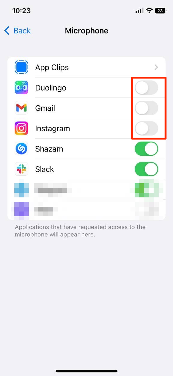 Select apps from the list and toggle the ones you want to disable