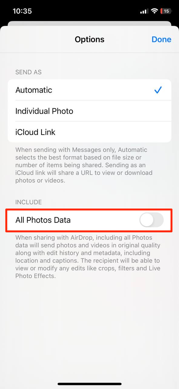 Toggle off All Photos Data under Include