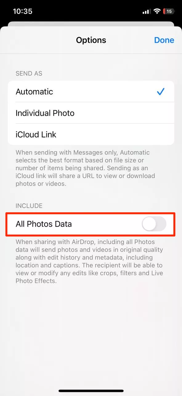 Toggle off All Photos Data under Include