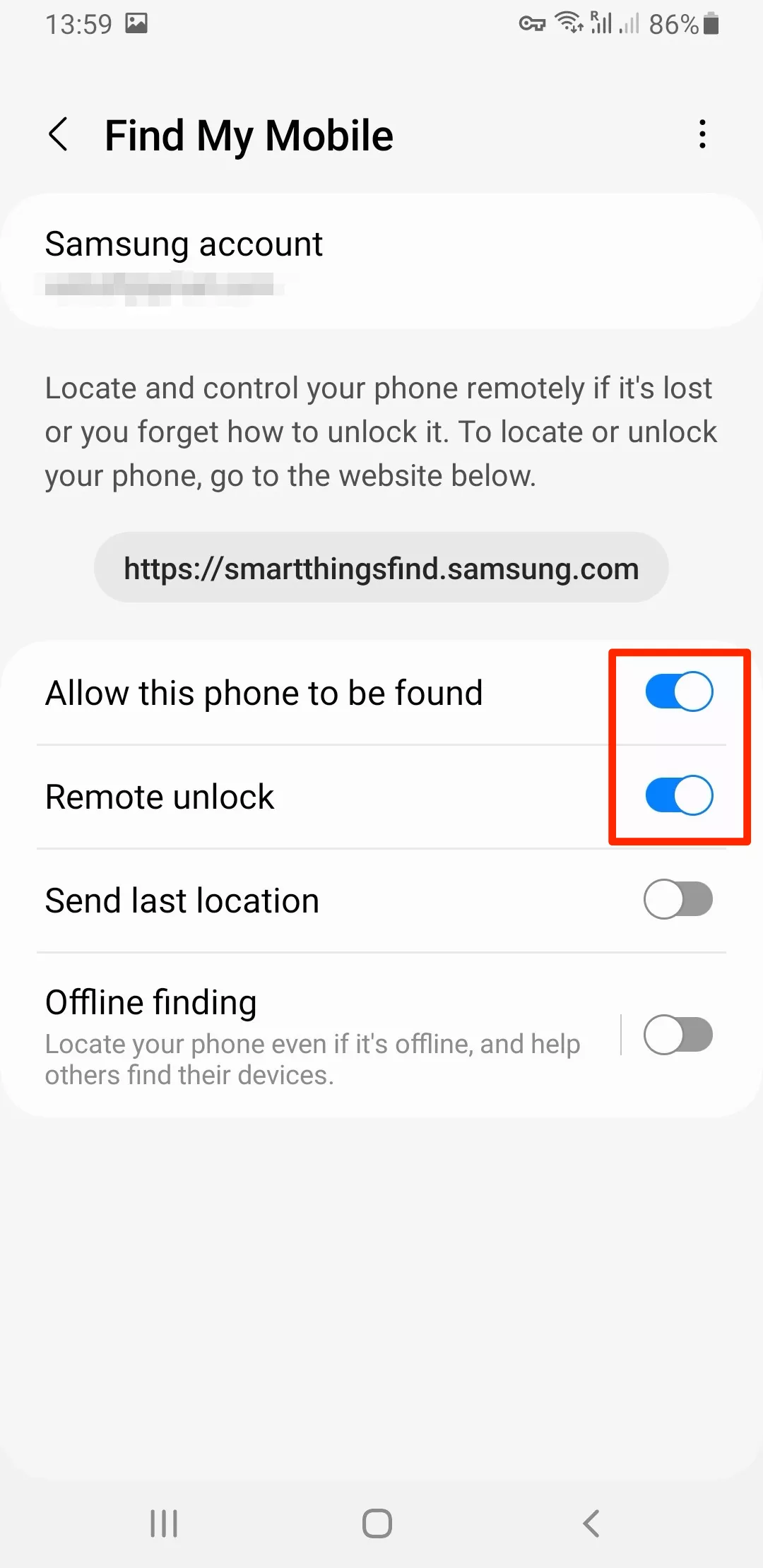 Make sure the FInd My Mobile feature is toggled on