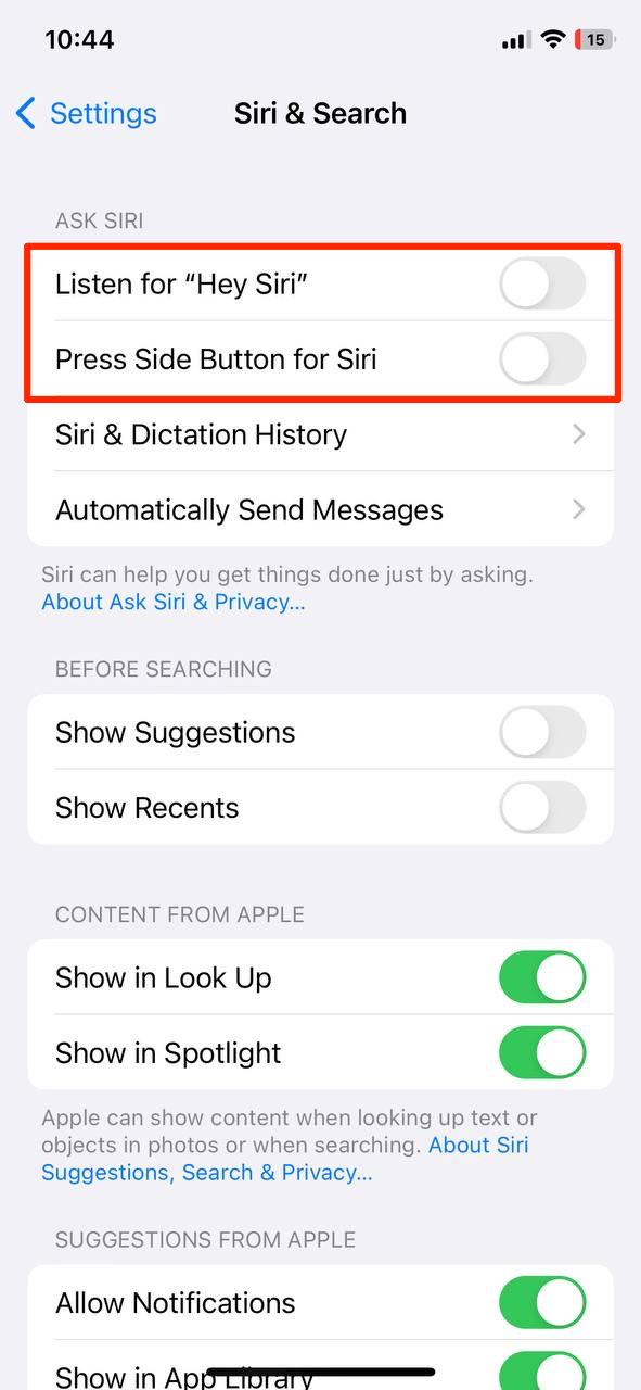 Toggle off Listen for “Hey Siri” and Press Side Button for Siri