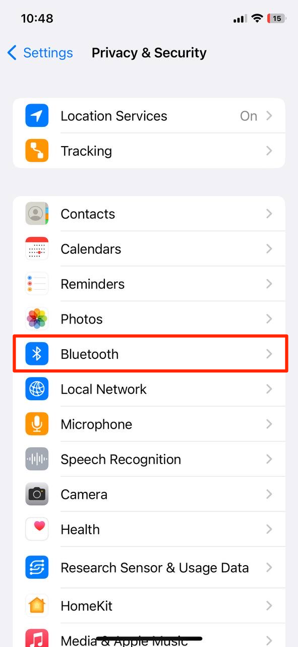 Select Privacy & Security > Bluetooth