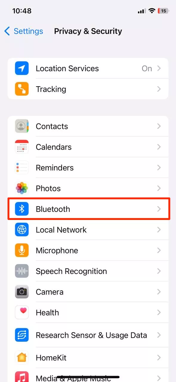 Select Privacy & Security > Bluetooth