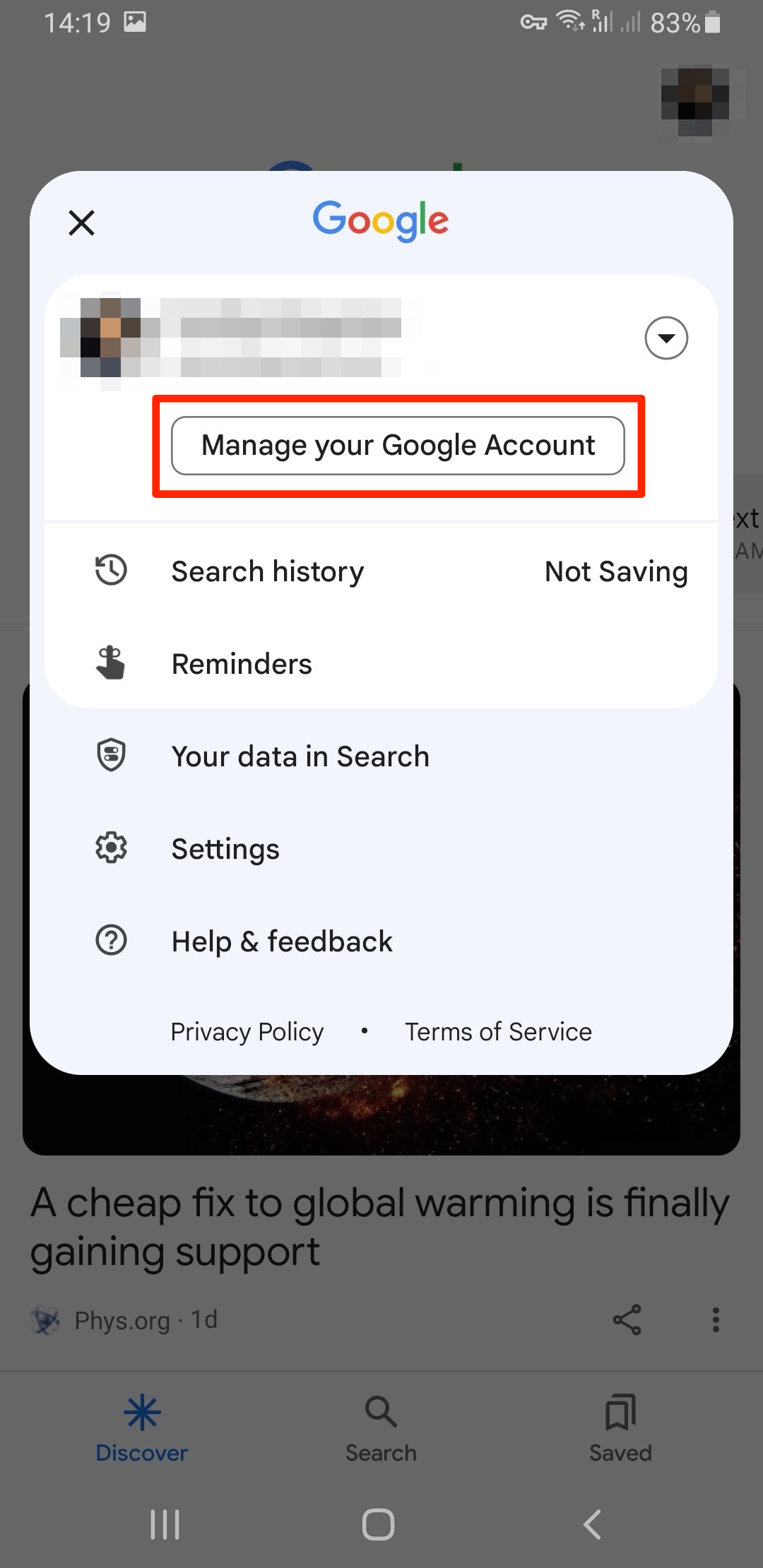 Tap Manage your Google account