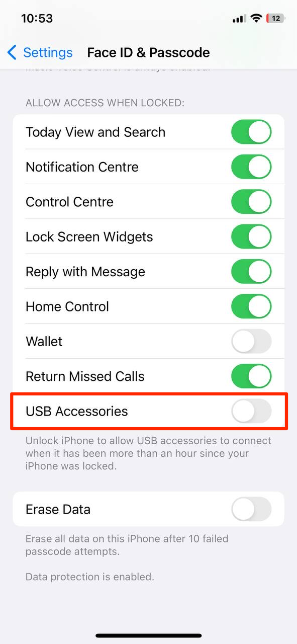 Enter your passcode, find USB Accessories, and disable it