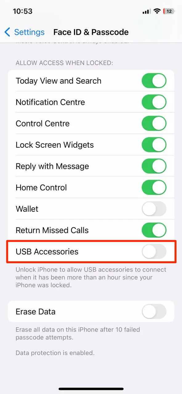 Enter your passcode, find USB Accessories, and disable it