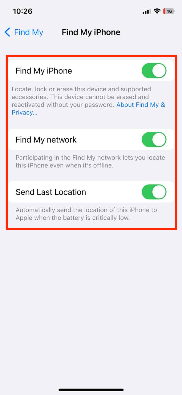 Toggle on Find My iPhone, Find My Network, and Send Last Location
