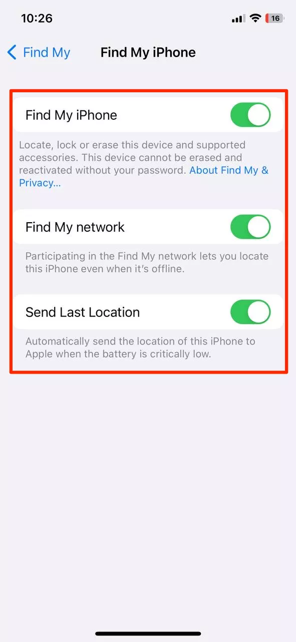 Toggle on Find My iPhone, Find My Network, and Send Last Location