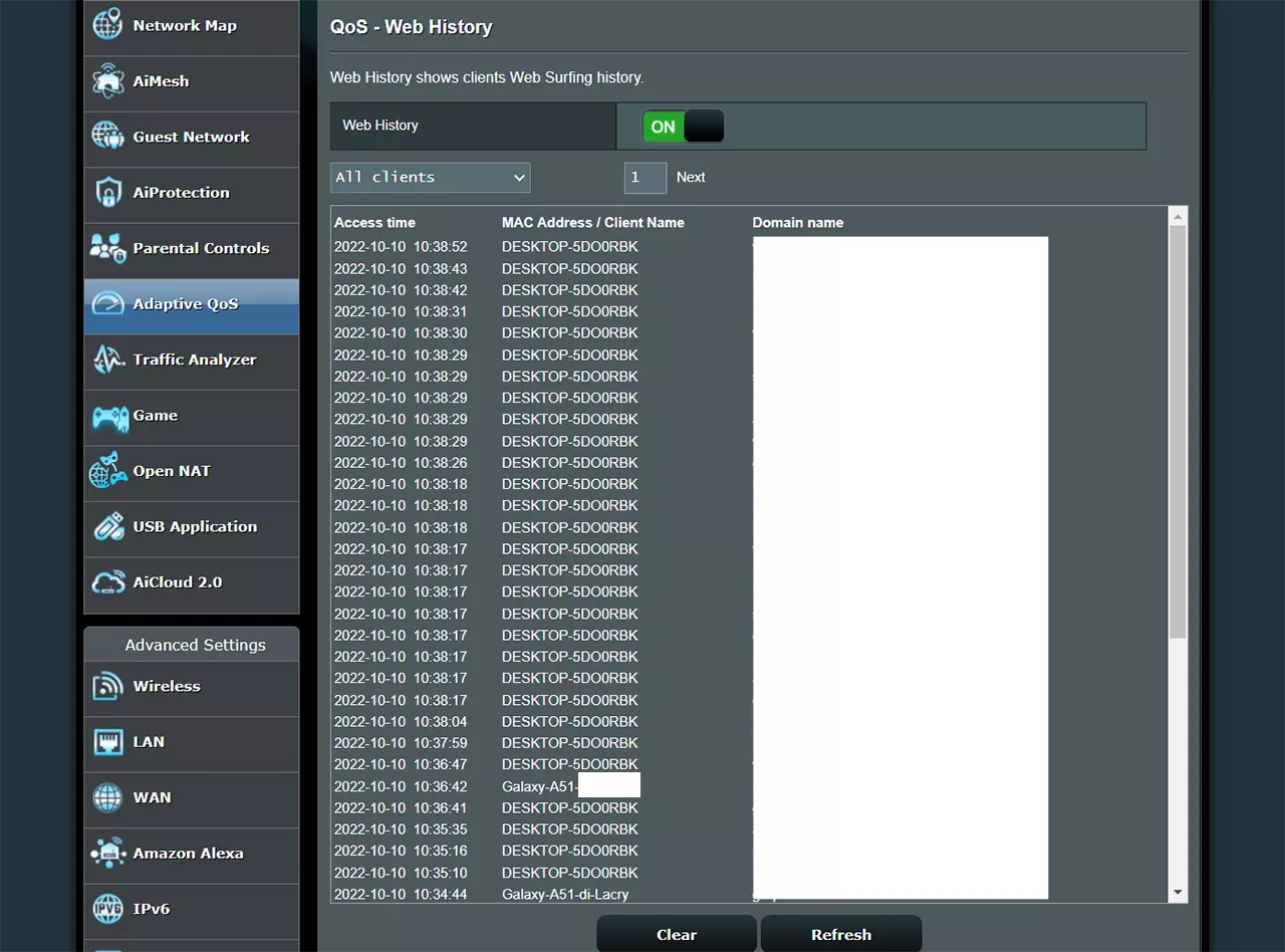 An example of a router’s admin panel storing users’ browsing data