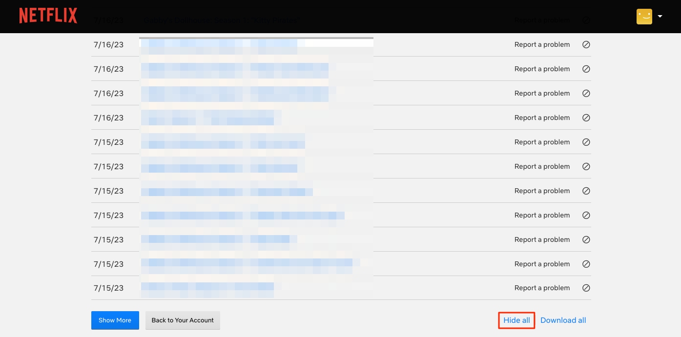 Click "Hide all" to clear the entire Netflix viewing history