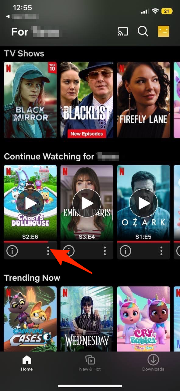Head to the Continue Watching section and tap the three-dot icon next to a title