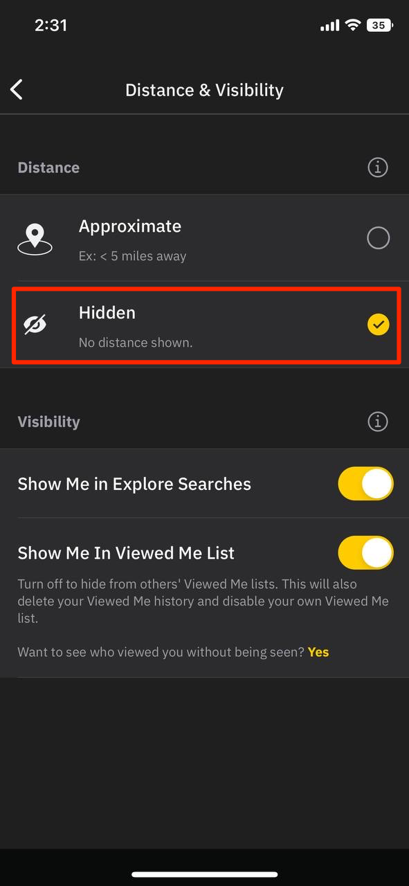 Select "Hidden" in the "Distance" section
