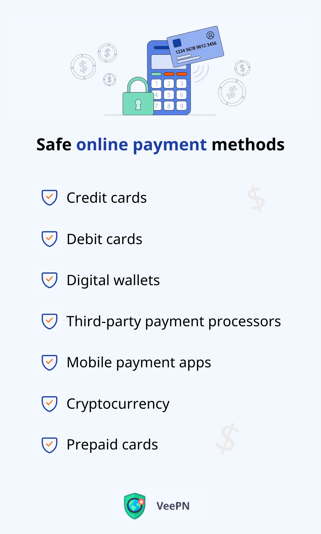 The list of secure online payment methods: Credit cards, debit cards, digital wallets, 3rd party payment processors, mobile payment apps, cryptocurrency, prepaid cards 