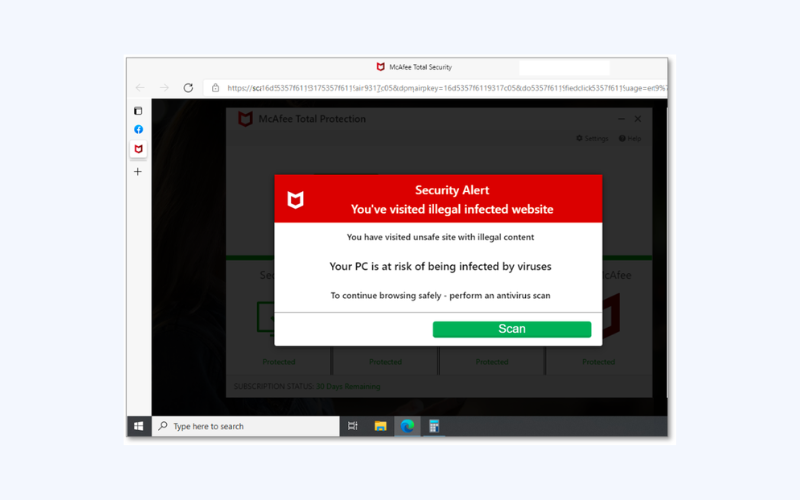Example of a fake virus alert from the real antivirus software. McAfee is taken as an example. 