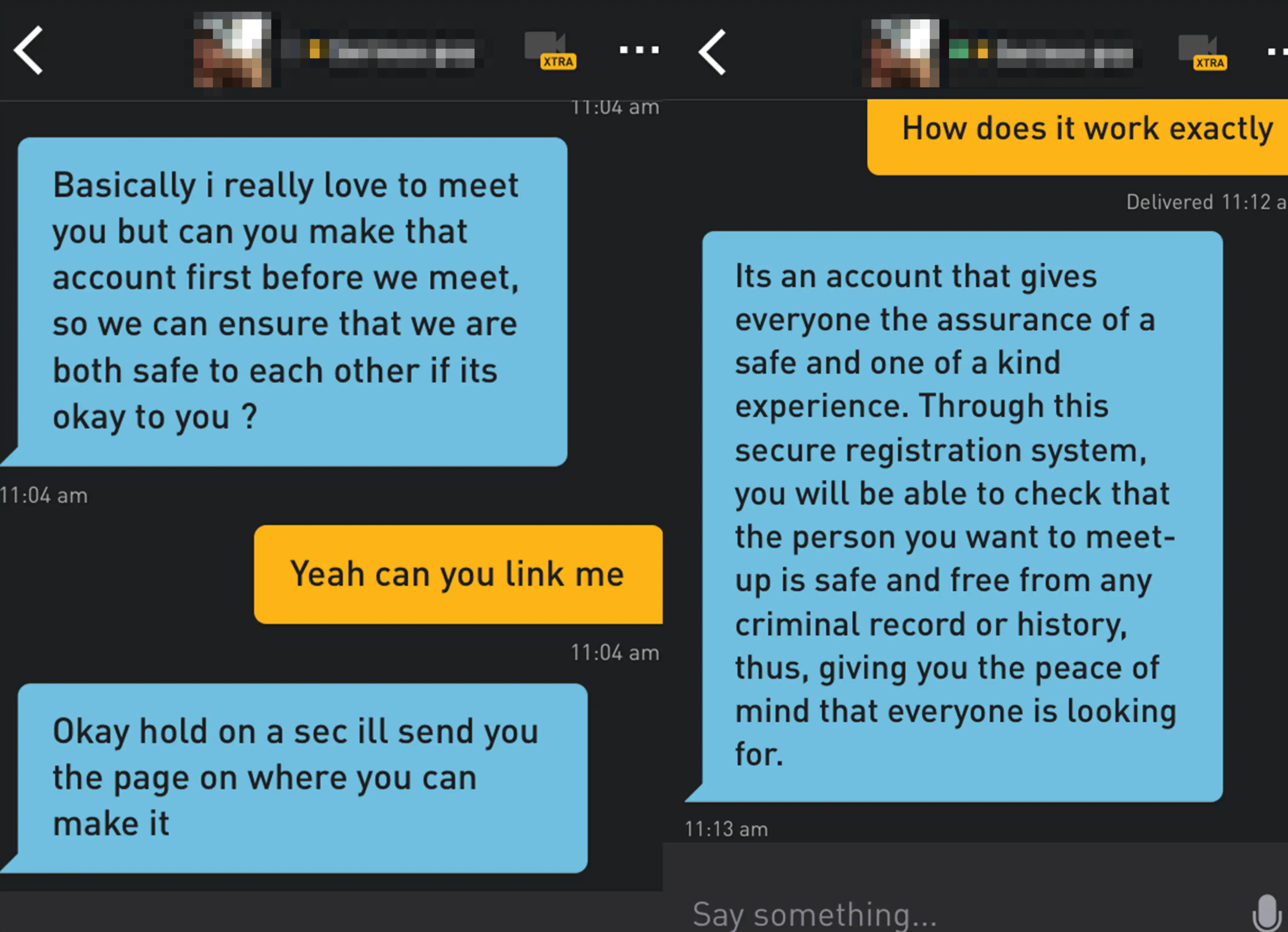An example of catfishing scam on Grindr