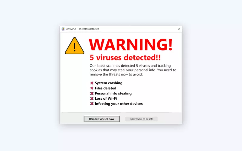 What is a fake virus warning pop-up? Example of such a warning 