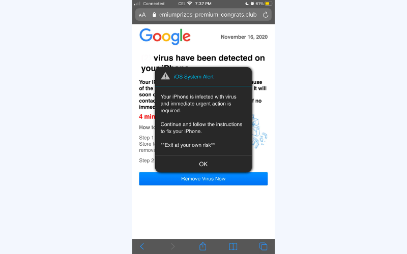 A fake virus alert "iOS System Alert" urging user to take immediate action. An image from a Reddit user. 
