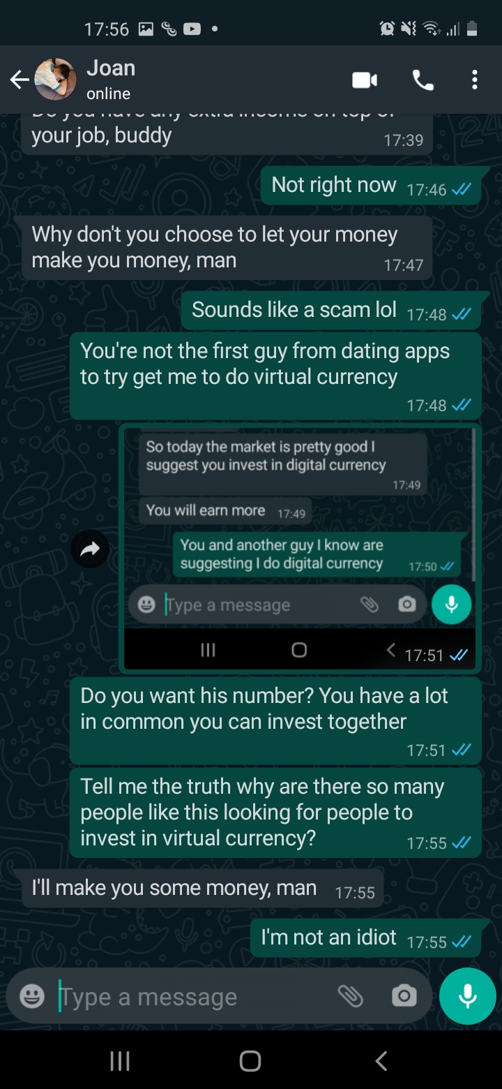 An example of a fake investment scam on Grindr