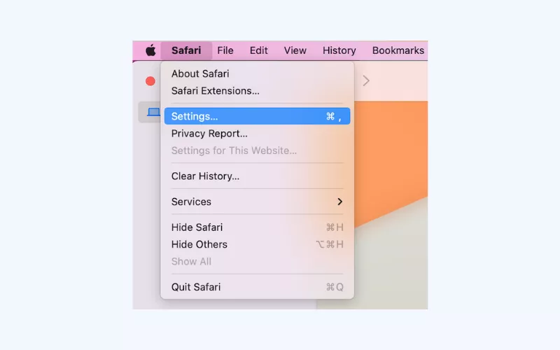 In the top menu, click on Safari and select Settings.