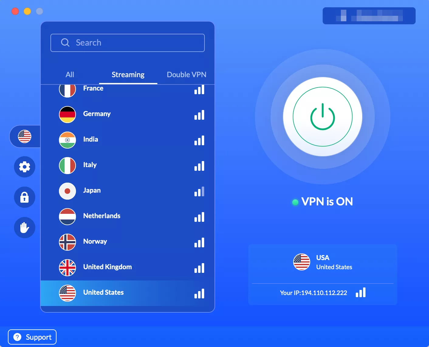 VPN connection is on - the user is connected to the US server optimized for streaming