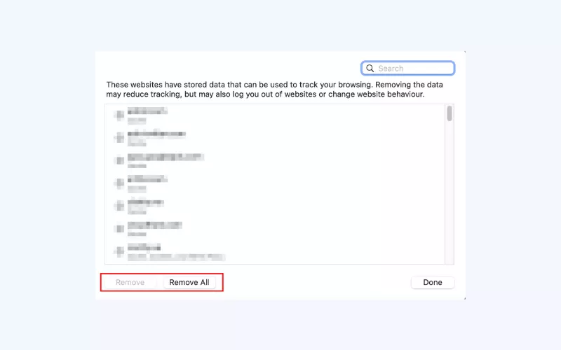 A list of websites with stored data. Click Remove All to clear all cache data or select specific websites and click Remove for each.