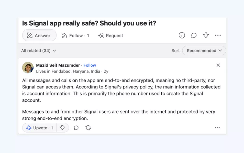 Quora users appreciate Signal for its privacy and security features