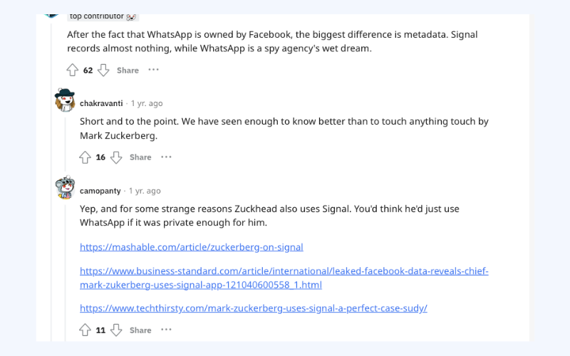 Some Reddit users say that even Mark Zuckerberg prefers Signal to WhatsApp