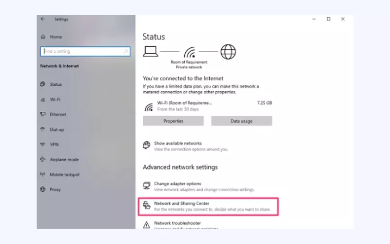 Select Network and Sharing Center in the Advanced network settings