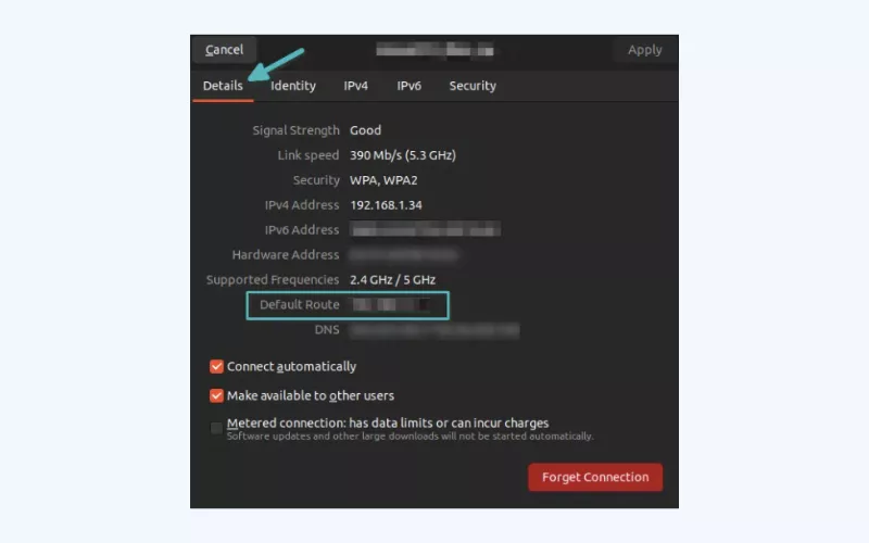 You will find your default gateway IP next to the Default Route section