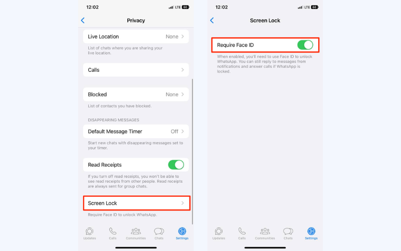 Screen lock settings in WhatsApp