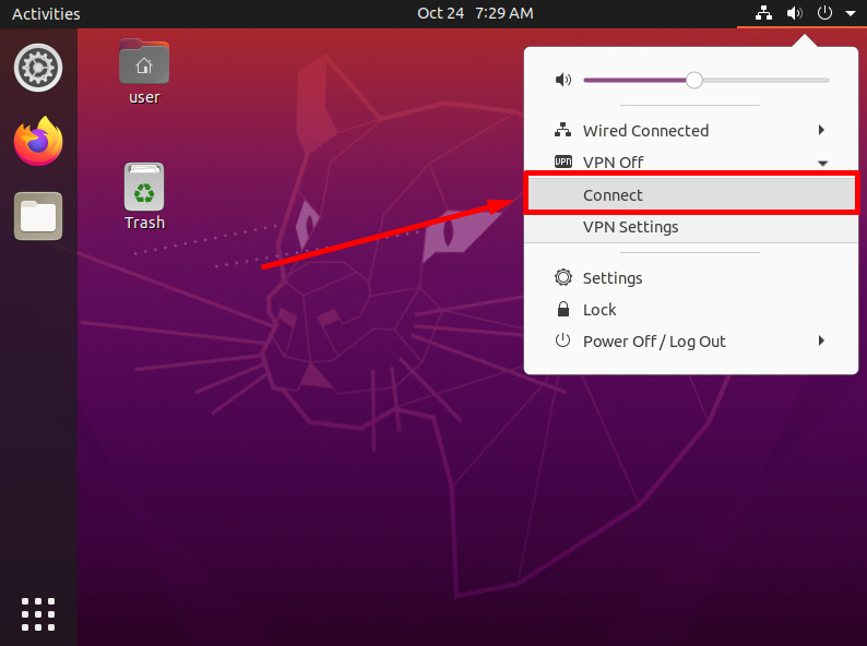 Revisit the System menu, click on the VPN and Connect submenu.
