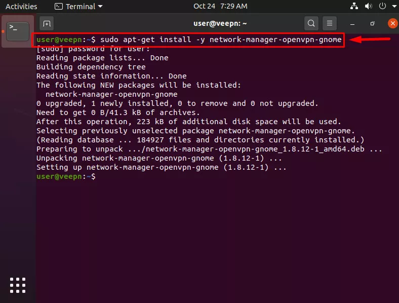 Open your Terminal and install OpenVPN Network Manager on Ubuntu using the following command: sudo apt-get install -y network-manager-openvpn-gnome