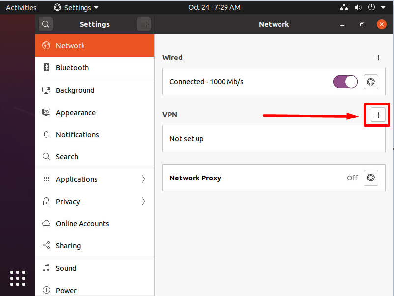 Within Network Settings, click on the "+" button located in the VPN section.