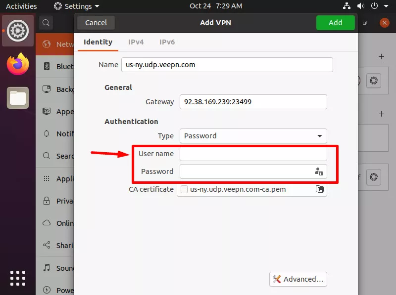 Provide the username and password generated in Step 2, and click Add. Close the Settings window.