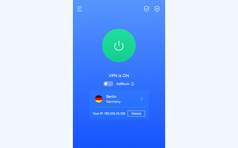 VeePN Chrome extension: a user is connected to the VPN's server in Germany