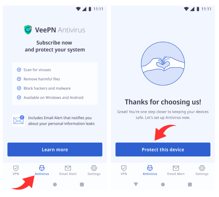 Fix a hacked Android with an antivirus scan: Get VeePN Antivirus