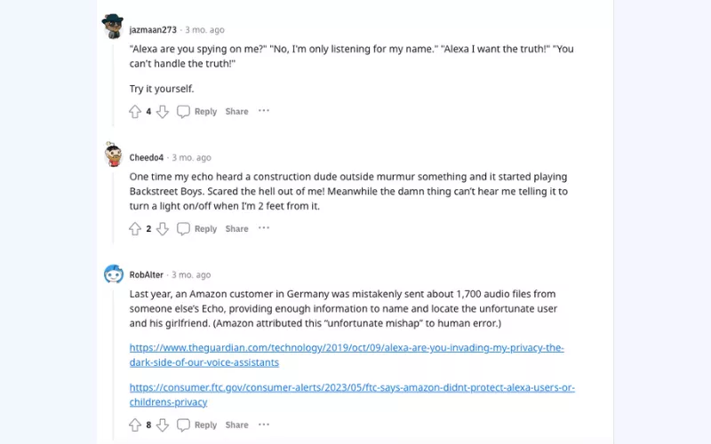 Reddit users complaining about Alexa privacy issues