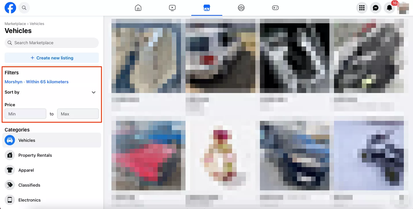 Shop on Facebook Marketplace by filter