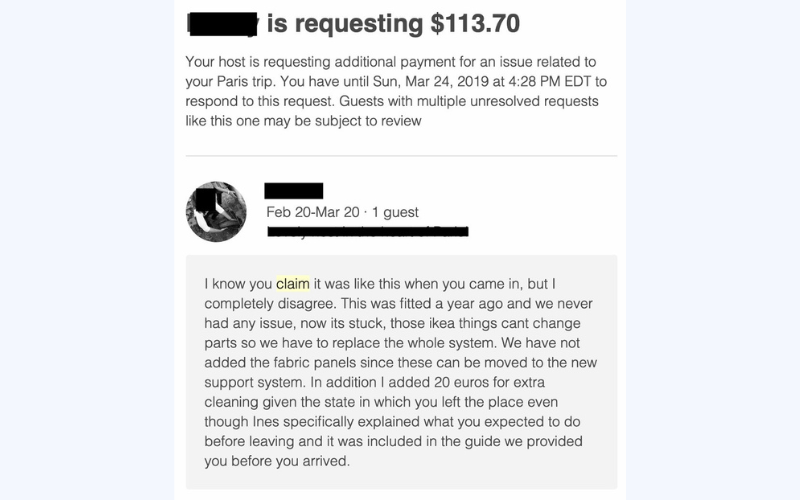 An example of an unfair damage charge request on Airbnb