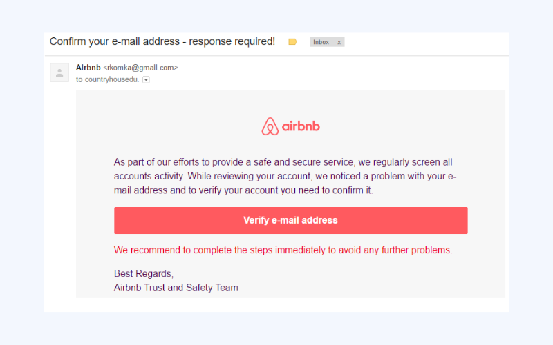 Um exemplo de um esquema de phishing do Airbnb