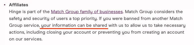 As informações que o Hinge partilha com afiliados
