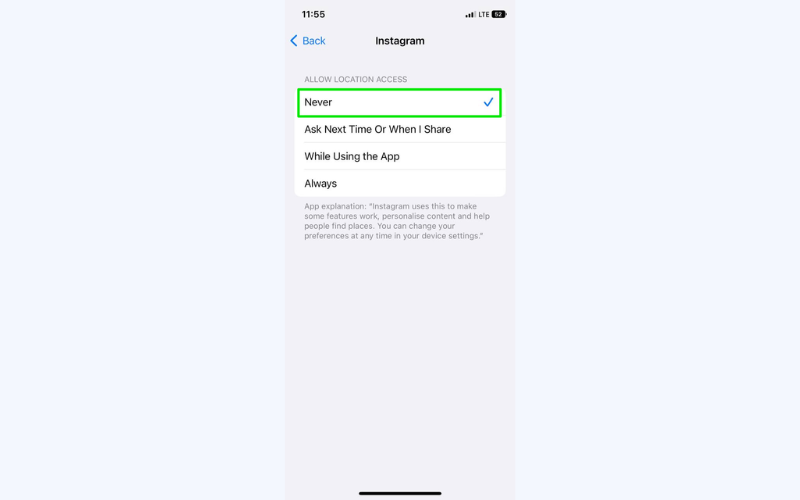 Choose "Never" to prevent Instagram from tracking you