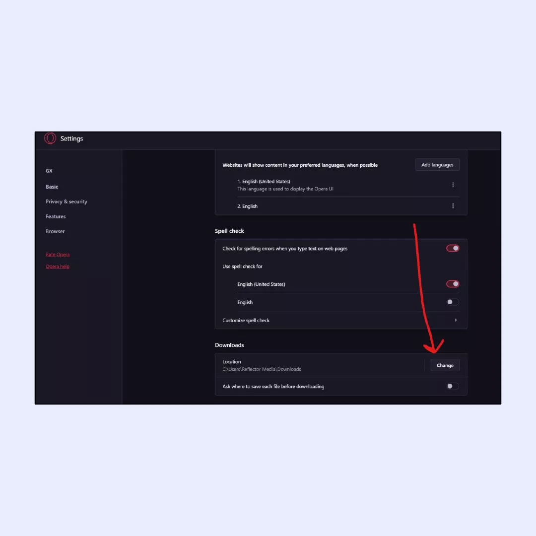 Change download location in Opera