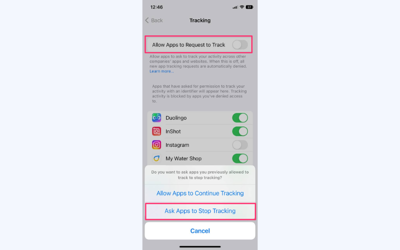 Toggle off "Allow Apps to Request to Track"