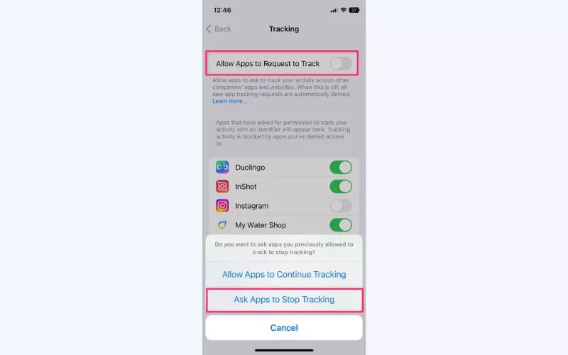 Toggle off "Allow Apps to Request to Track"