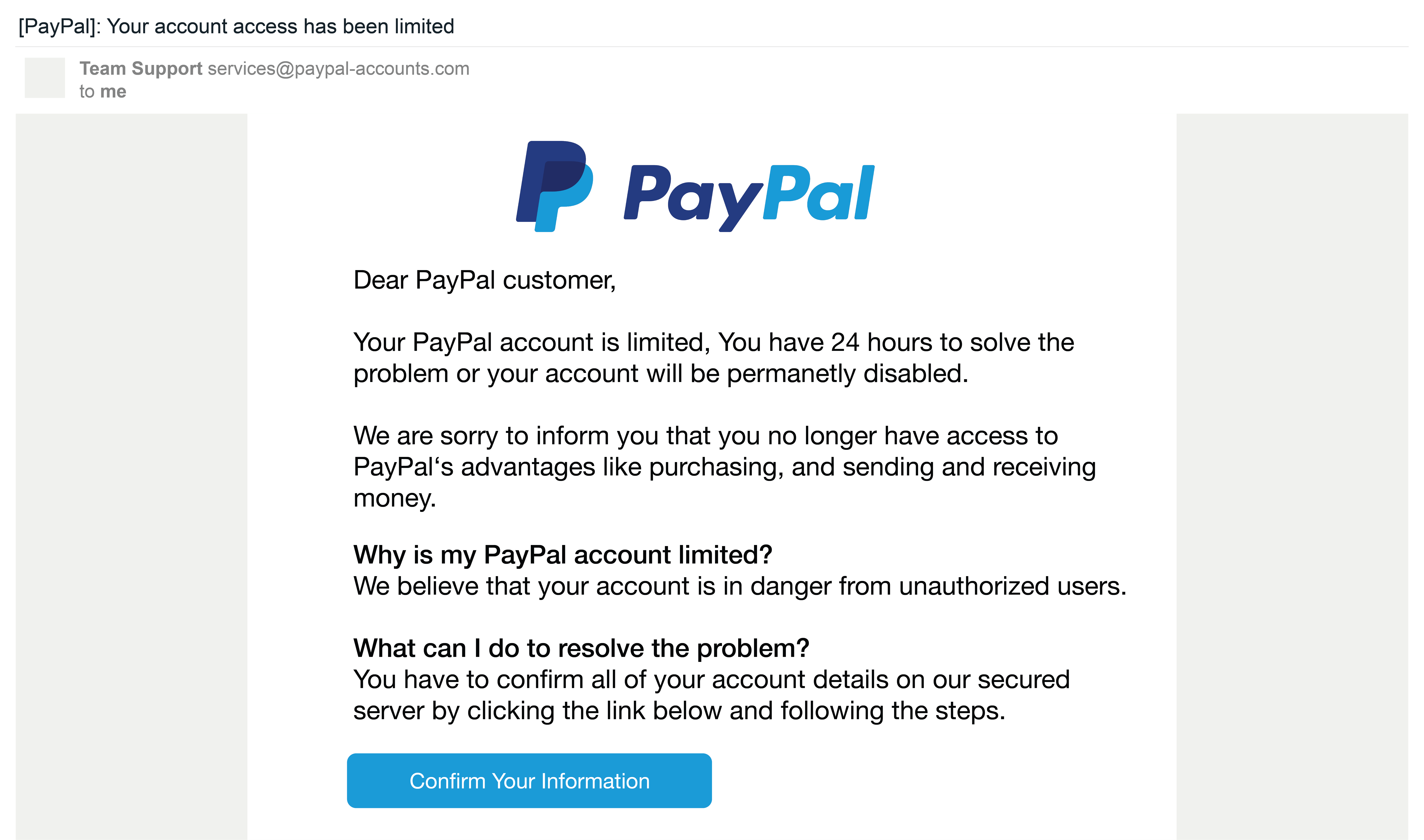 A common example of a PayPaly email phishing scam