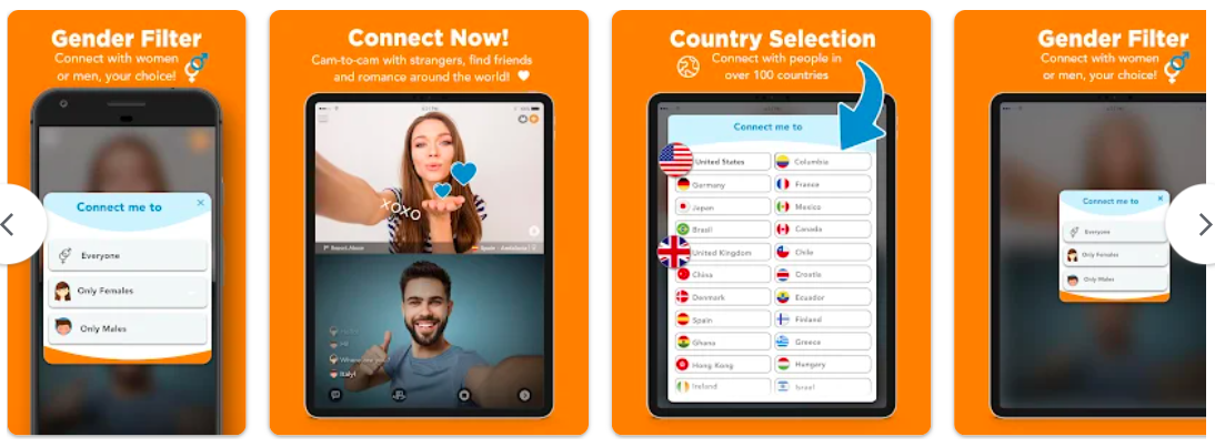 The screens of the CamSurf chatting app on Google Play Store