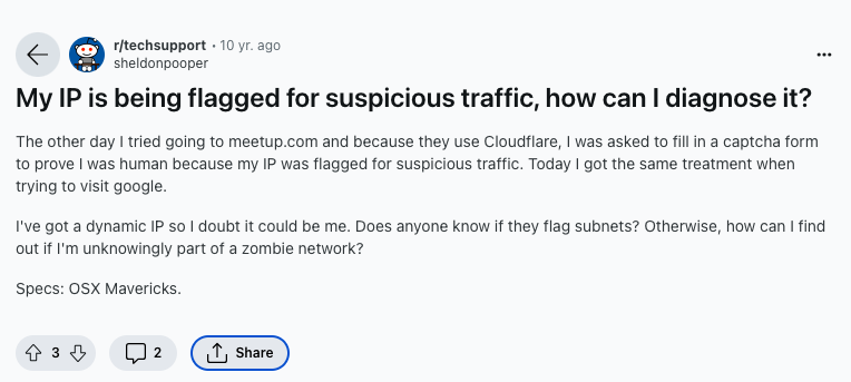 A Reddit user complaining about the blocked IP address error due to suspicious traffic